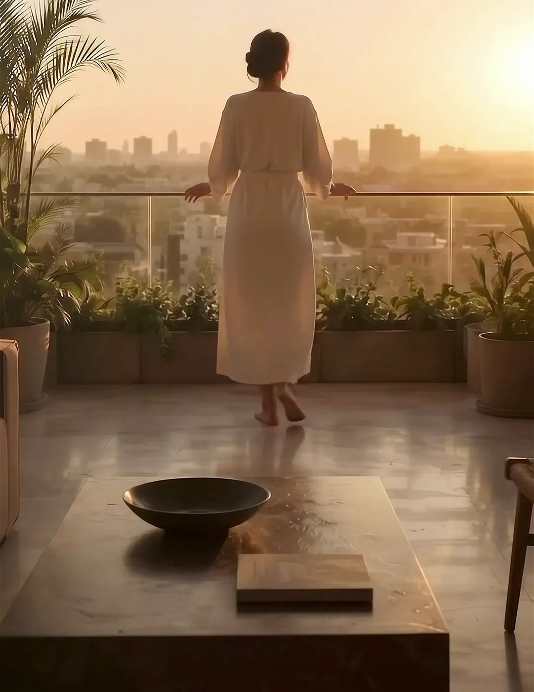 Balcon d'un appartement neuf au coucher du soleil sur Marrakech