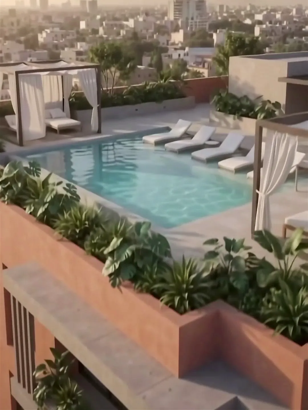 Vue aérienne du rooftop et de la piscine sur les toits de Marrakech