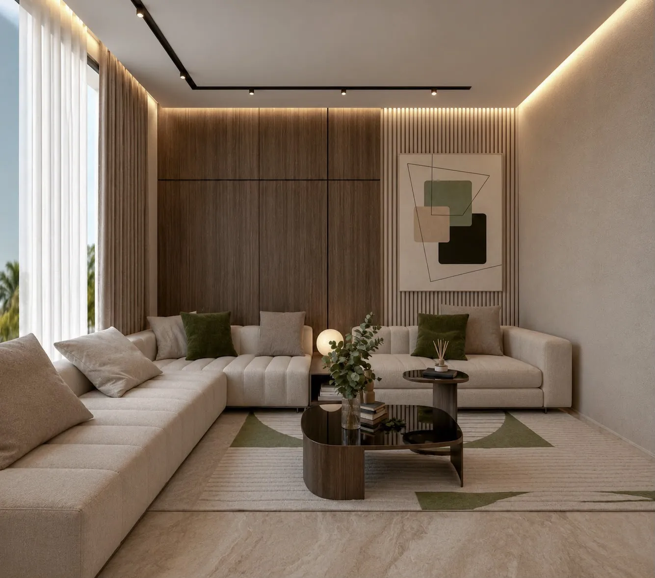 Salon contemporain aux tons sable et vert
