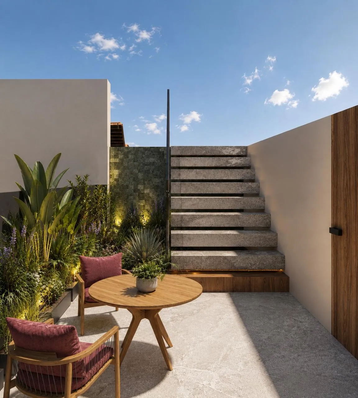 Terrasse privative avec escalier et plantes
